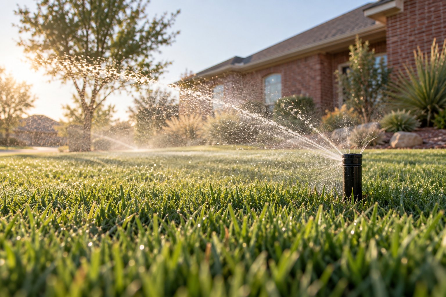 Illustration of a sprinkler watering a residential lawn in warm morning light